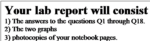 Text Box: Your lab report will consist of 
1) The answers to the questions Q1 through Q18.
2) The two graphs
3) photocopies of your notebook pages. 
