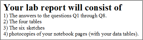 Text Box: Your lab report will consist of 
1) The answers to the questions Q1 through Q8.
2) The four tables
3) The six sketches
4) photocopies of your notebook pages (with your data tables).
